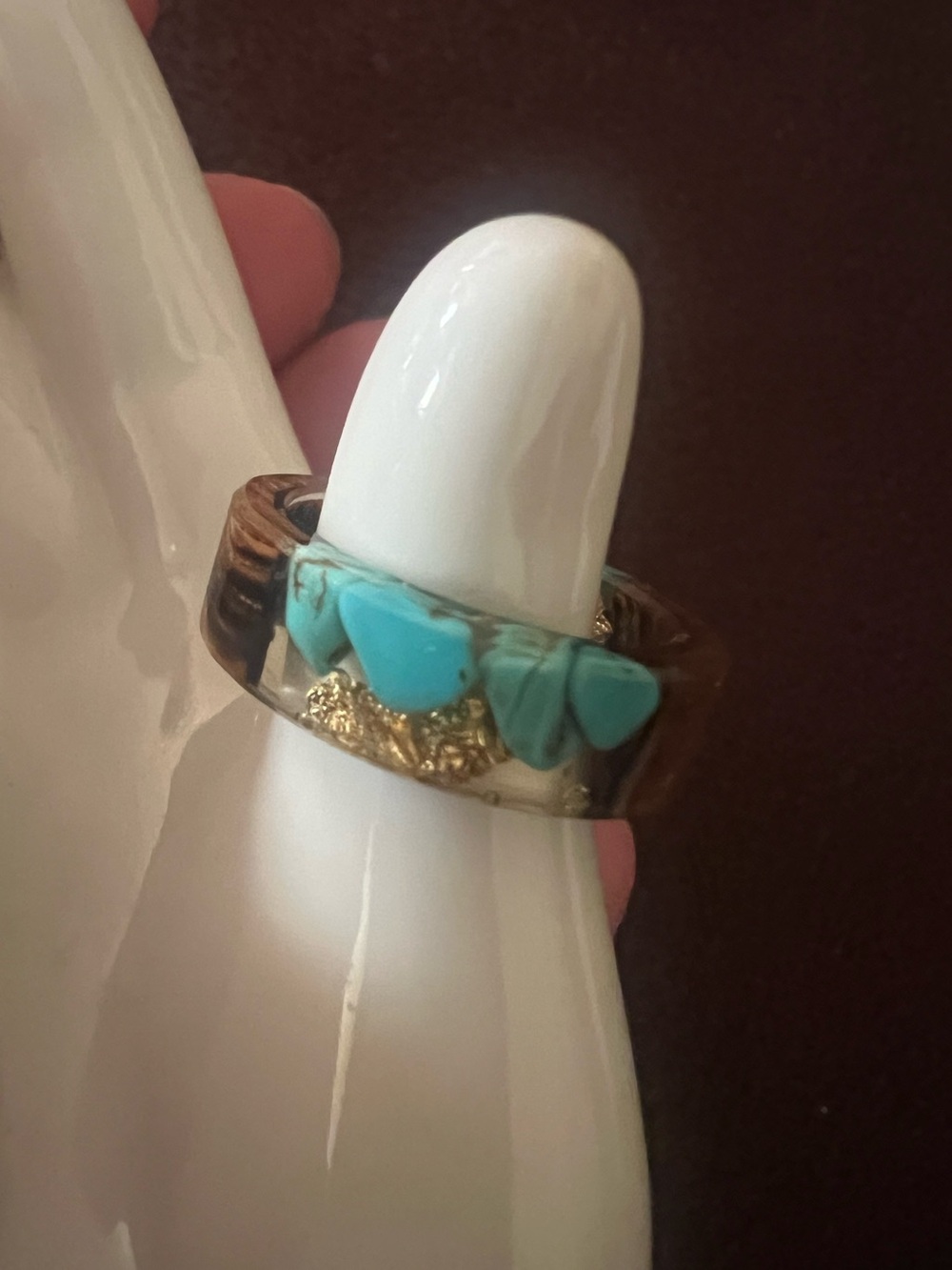 Handmade Genuine Turquoise & Gold Flakes Size 7 Resin Ring, excellent condition